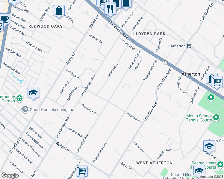map of restaurants, bars, coffee shops, grocery stores, and more near 84 Almendral Avenue in Atherton