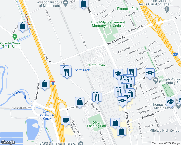 map of restaurants, bars, coffee shops, grocery stores, and more near 48974 Woodgrove Common in Fremont