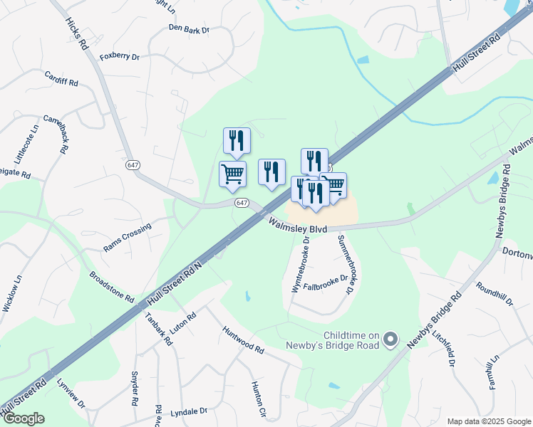 map of restaurants, bars, coffee shops, grocery stores, and more near Hull Street Rd & Walmsley Blvd in Chesterfield