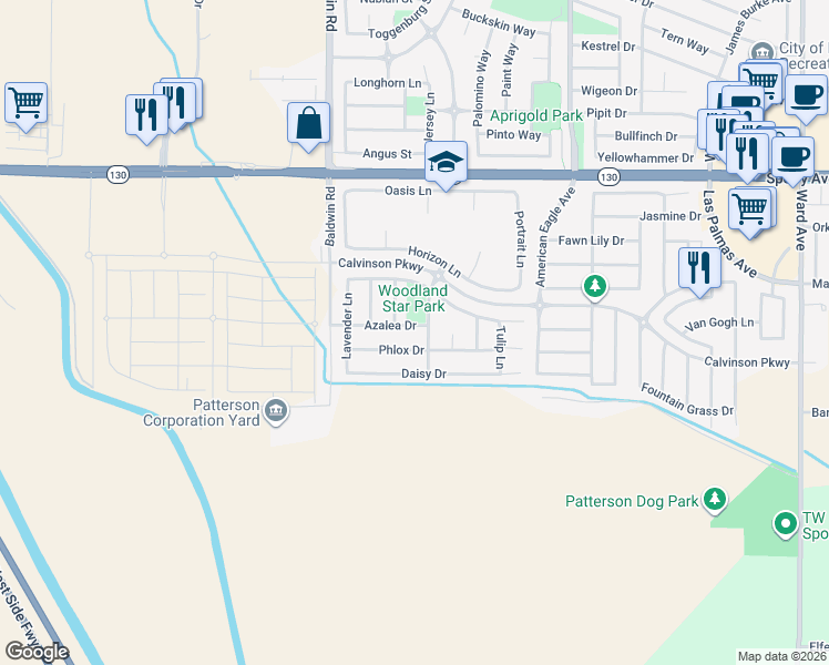 map of restaurants, bars, coffee shops, grocery stores, and more near 1510 Azalea Drive in Patterson