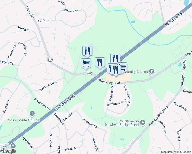 map of restaurants, bars, coffee shops, grocery stores, and more near Hull Street Rd & Hicks Rd in Chesterfield