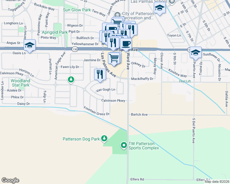 map of restaurants, bars, coffee shops, grocery stores, and more near 231 Fall Avenue in Patterson