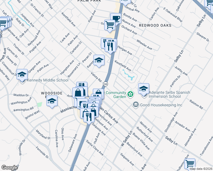 map of restaurants, bars, coffee shops, grocery stores, and more near 5 Nimitz Avenue in Redwood City