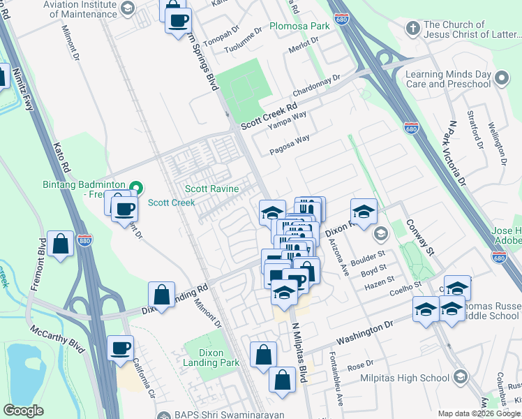 map of restaurants, bars, coffee shops, grocery stores, and more near 2021 North Milpitas Boulevard in Milpitas