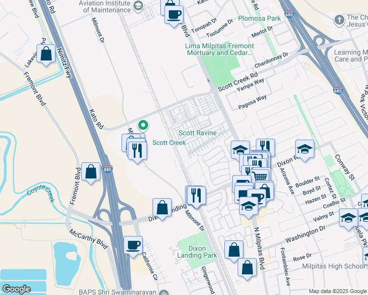 map of restaurants, bars, coffee shops, grocery stores, and more near 48974 Woodgrove Common in Fremont