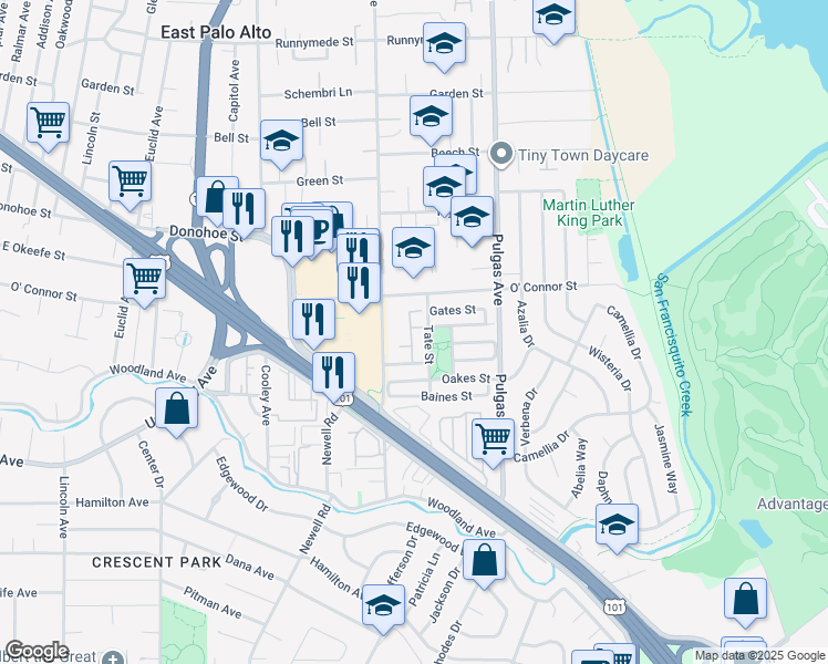 map of restaurants, bars, coffee shops, grocery stores, and more near 1969 Tate Street in East Palo Alto