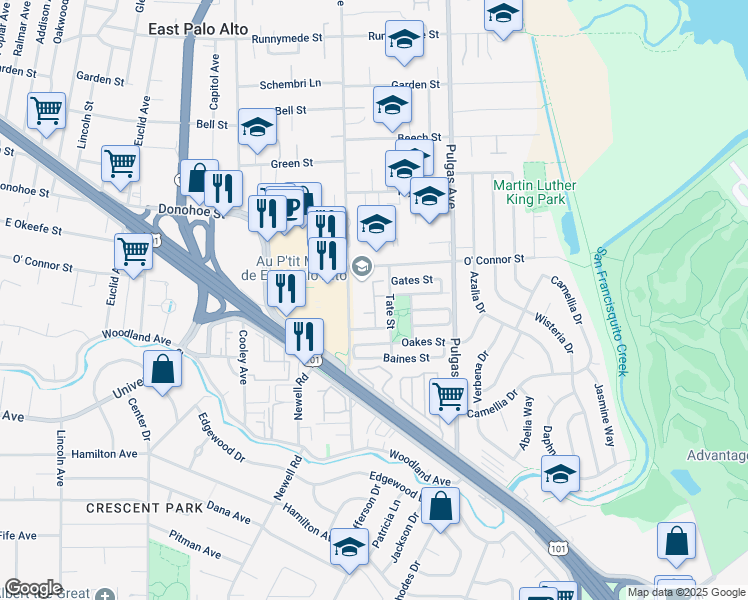 map of restaurants, bars, coffee shops, grocery stores, and more near 1969 Tate Street in East Palo Alto