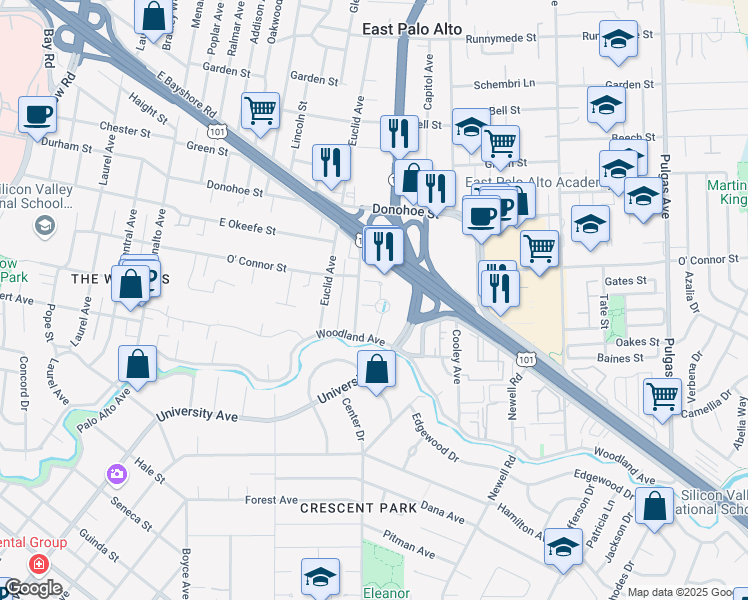 map of restaurants, bars, coffee shops, grocery stores, and more near 1950 University Circle in Palo Alto