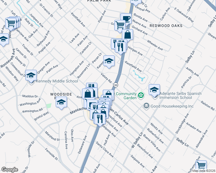 map of restaurants, bars, coffee shops, grocery stores, and more near 1240 Woodside Road in Redwood City