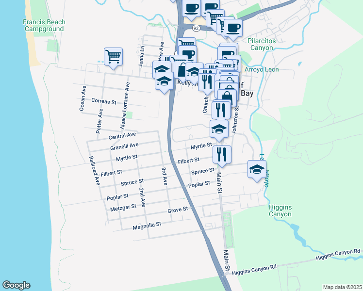map of restaurants, bars, coffee shops, grocery stores, and more near 515 Myrtle Street in Half Moon Bay