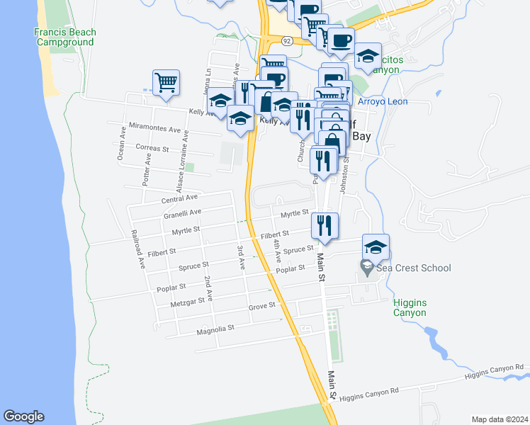 map of restaurants, bars, coffee shops, grocery stores, and more near 515 Myrtle Street in Half Moon Bay