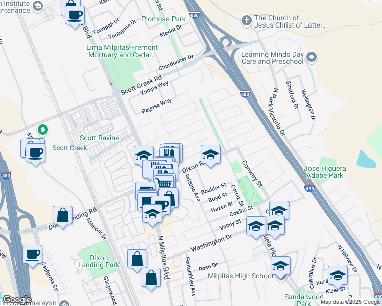map of restaurants, bars, coffee shops, grocery stores, and more near 209 Mazey Street in Milpitas