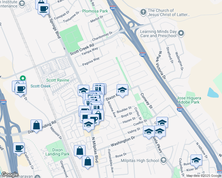 map of restaurants, bars, coffee shops, grocery stores, and more near 209 Mazey Street in Milpitas