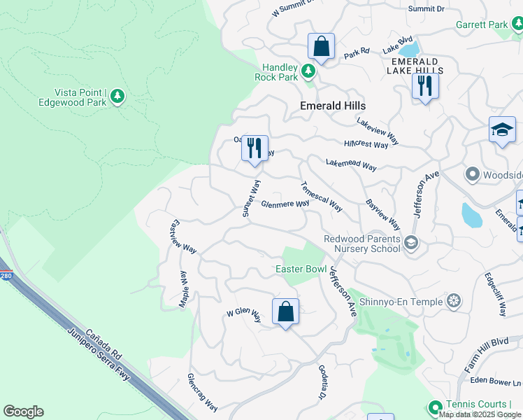 map of restaurants, bars, coffee shops, grocery stores, and more near 712 Glenmere Way in Emerald Hills