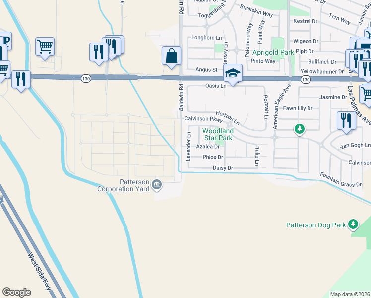 map of restaurants, bars, coffee shops, grocery stores, and more near 239 Lavender Lane in Patterson