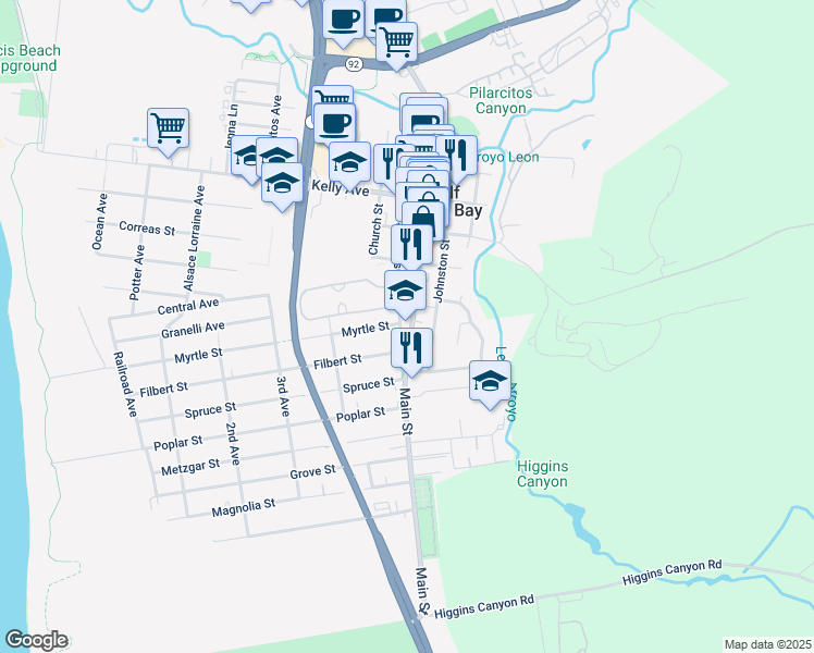 map of restaurants, bars, coffee shops, grocery stores, and more near 780 Main Street in Half Moon Bay