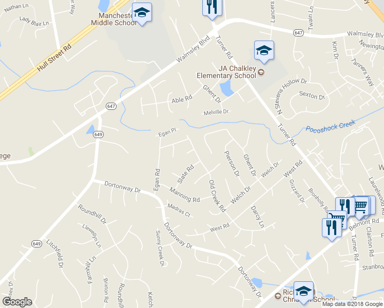 map of restaurants, bars, coffee shops, grocery stores, and more near 3440 Old Creek Road in Chesterfield