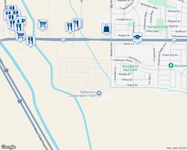 map of restaurants, bars, coffee shops, grocery stores, and more near 2204 Verde Ranch Road in Patterson