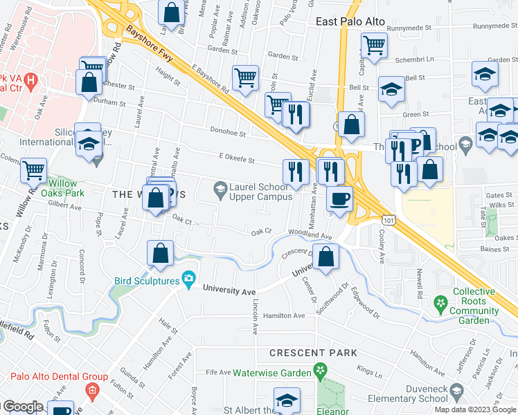 map of restaurants, bars, coffee shops, grocery stores, and more near 431 Falk Court in Menlo Park