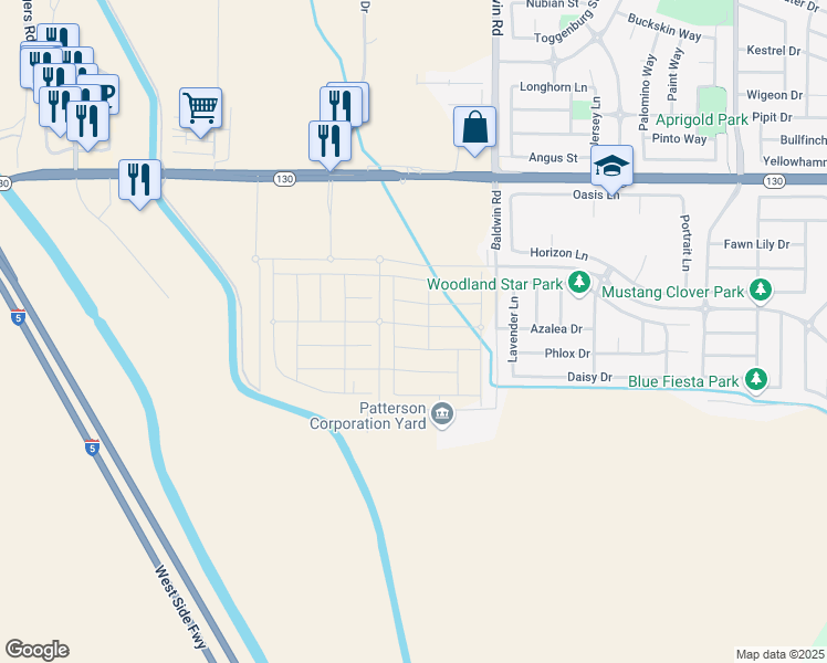 map of restaurants, bars, coffee shops, grocery stores, and more near 241 Dogwood Ranch Way in Patterson
