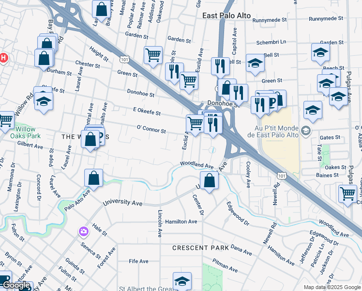 map of restaurants, bars, coffee shops, grocery stores, and more near 1953 Euclid Avenue in Palo Alto