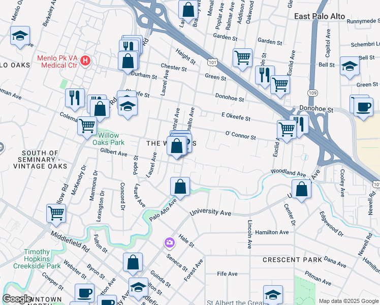 map of restaurants, bars, coffee shops, grocery stores, and more near in Menlo Park