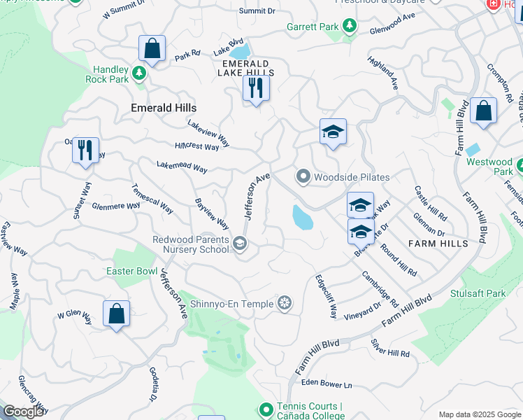 map of restaurants, bars, coffee shops, grocery stores, and more near 950 Lakeview Way in Emerald Hills