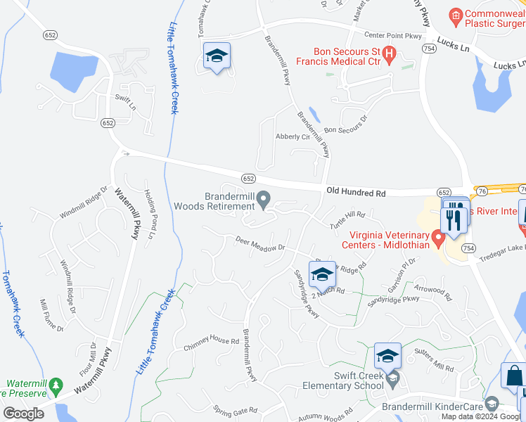 map of restaurants, bars, coffee shops, grocery stores, and more near 14311 Brandermill Woods Trail in Midlothian