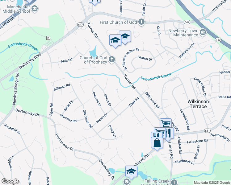 map of restaurants, bars, coffee shops, grocery stores, and more near 3640 Becket Drive in Chesterfield