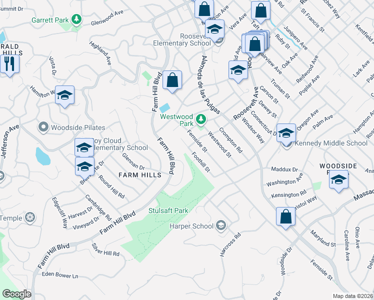 map of restaurants, bars, coffee shops, grocery stores, and more near 1196 Foothill Street in Redwood City