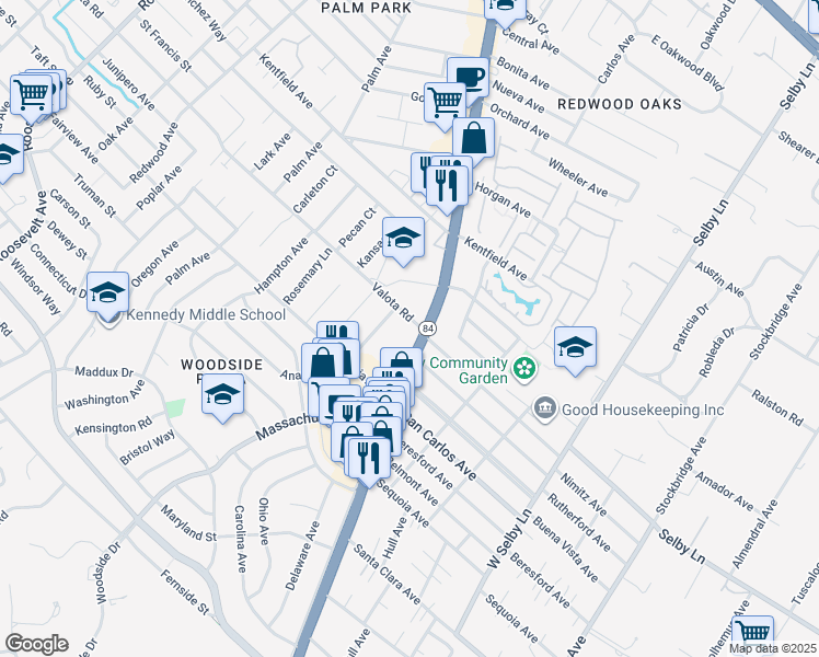 map of restaurants, bars, coffee shops, grocery stores, and more near 1240 Woodside Road in Redwood City
