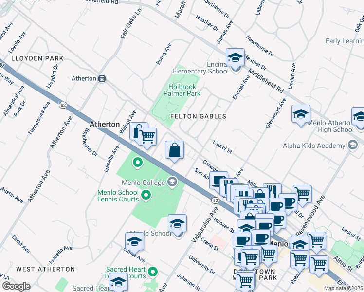 map of restaurants, bars, coffee shops, grocery stores, and more near 1611 Stone Pine Lane in Menlo Park