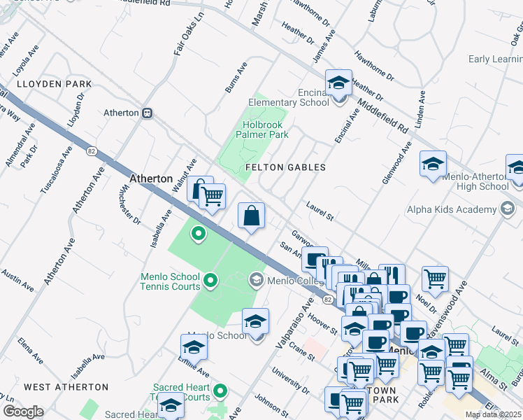 map of restaurants, bars, coffee shops, grocery stores, and more near 1611 Stone Pine Lane in Menlo Park