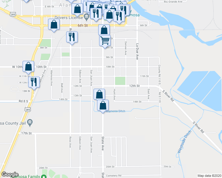 map of restaurants, bars, coffee shops, grocery stores, and more near 1205 Hunt Avenue in Alamosa