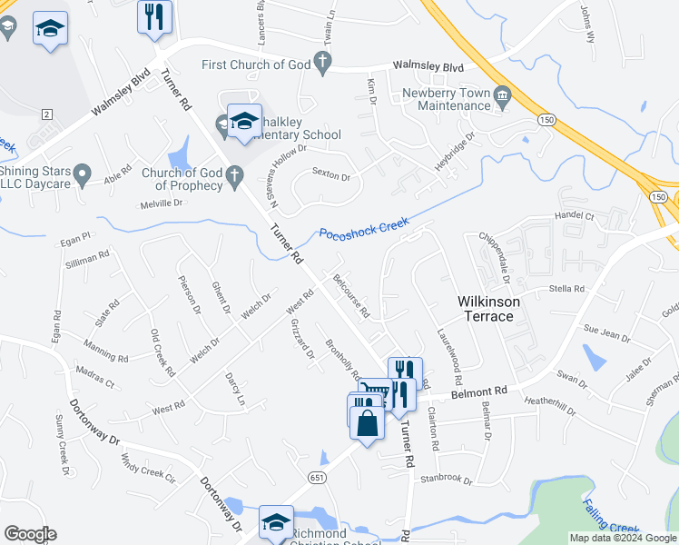 map of restaurants, bars, coffee shops, grocery stores, and more near 3803 Belker Court in Richmond