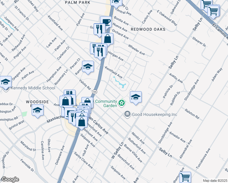 map of restaurants, bars, coffee shops, grocery stores, and more near 152 Atherwood Avenue in Redwood City