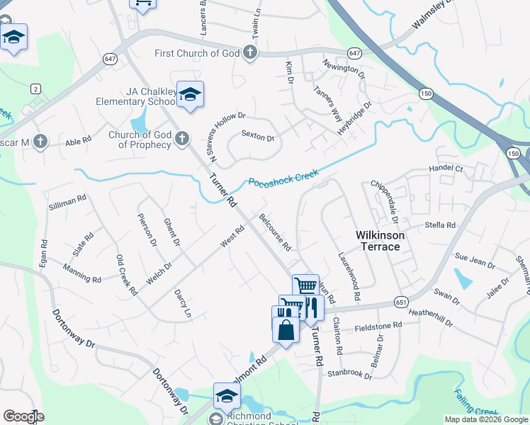 map of restaurants, bars, coffee shops, grocery stores, and more near 3803 Belker Court in Richmond