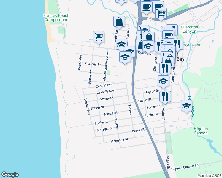 map of restaurants, bars, coffee shops, grocery stores, and more near 371 Granelli Avenue in Half Moon Bay