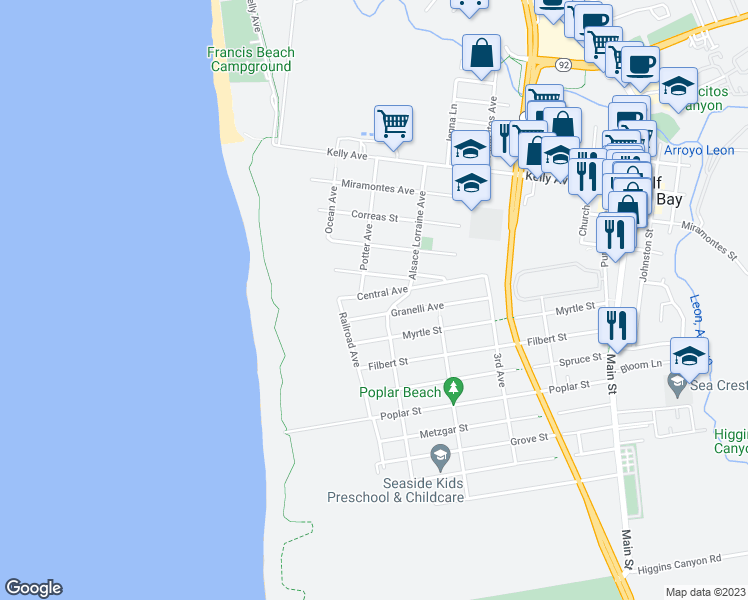 map of restaurants, bars, coffee shops, grocery stores, and more near 316 Central Avenue in Half Moon Bay