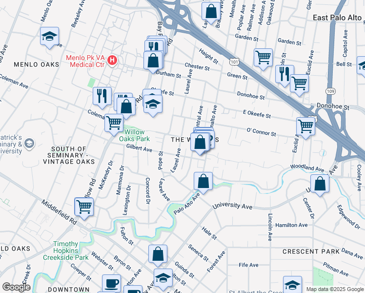 map of restaurants, bars, coffee shops, grocery stores, and more near 414 Laurel Avenue in Menlo Park