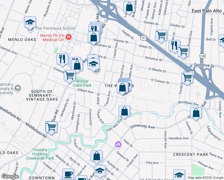 map of restaurants, bars, coffee shops, grocery stores, and more near 414 Laurel Avenue in Menlo Park