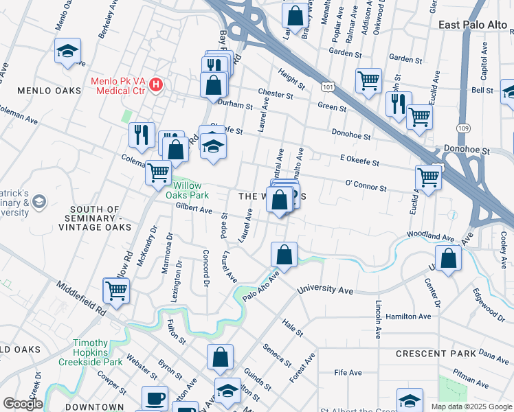 map of restaurants, bars, coffee shops, grocery stores, and more near 414 Laurel Avenue in Menlo Park
