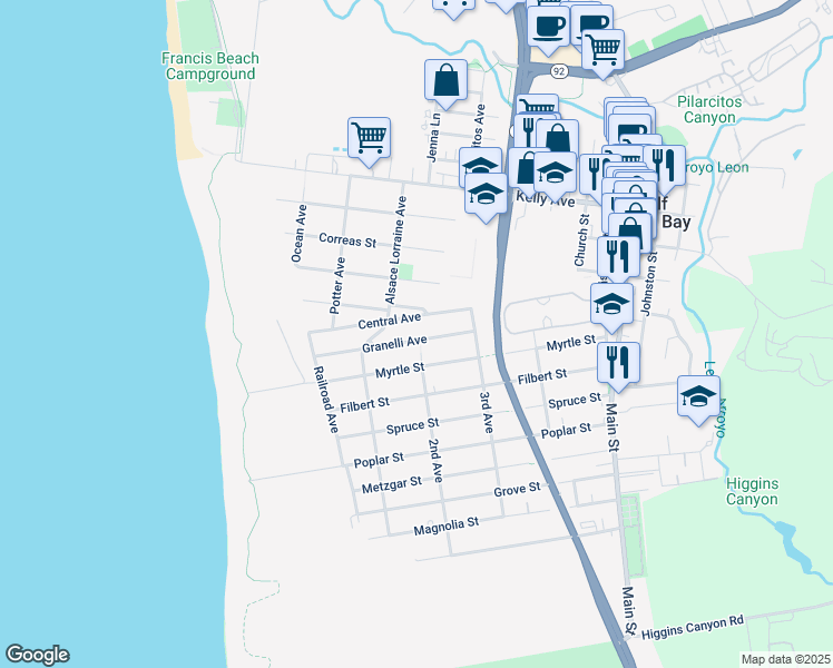 map of restaurants, bars, coffee shops, grocery stores, and more near 371 Granelli Avenue in Half Moon Bay