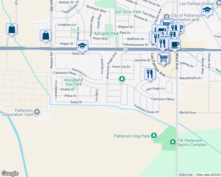 map of restaurants, bars, coffee shops, grocery stores, and more near 1254 Blue Flax Drive in Patterson