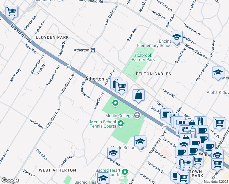 map of restaurants, bars, coffee shops, grocery stores, and more near 1850 El Camino Real in Menlo Park