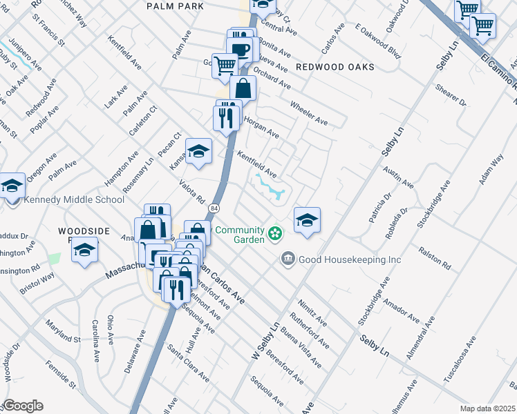 map of restaurants, bars, coffee shops, grocery stores, and more near 152 Atherwood Avenue in Redwood City