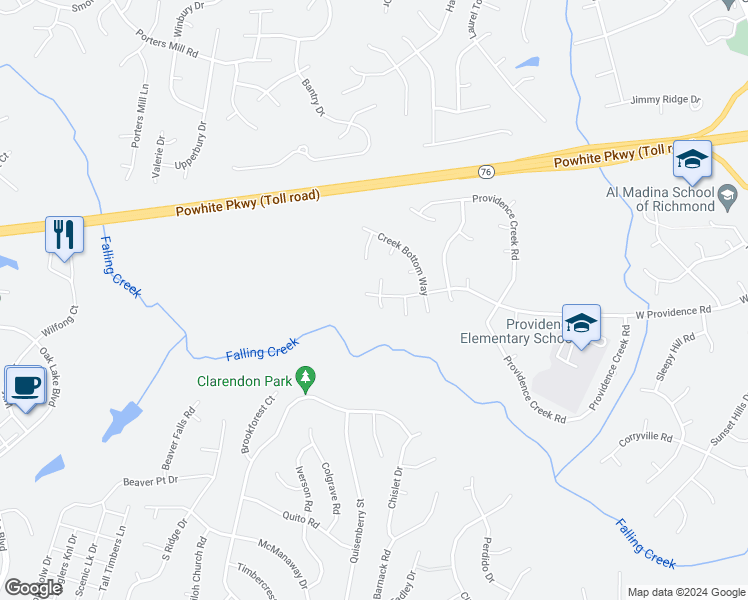 map of restaurants, bars, coffee shops, grocery stores, and more near 2100 Creek Top Way in Richmond