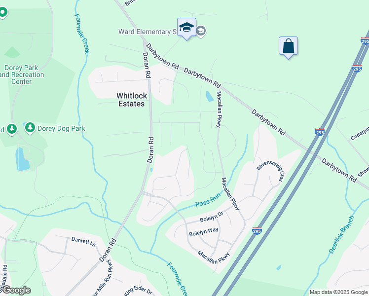map of restaurants, bars, coffee shops, grocery stores, and more near 7509 Doran Road in Richmond
