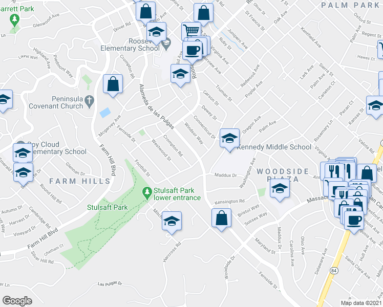 map of restaurants, bars, coffee shops, grocery stores, and more near 1276 Alameda de las Pulgas in Redwood City