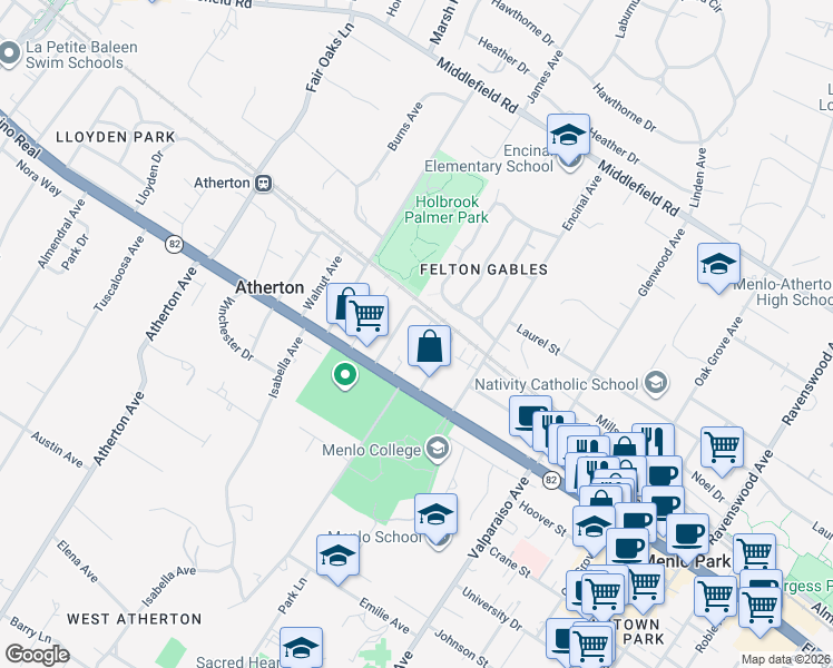map of restaurants, bars, coffee shops, grocery stores, and more near 169 Stone Pine Lane in Menlo Park